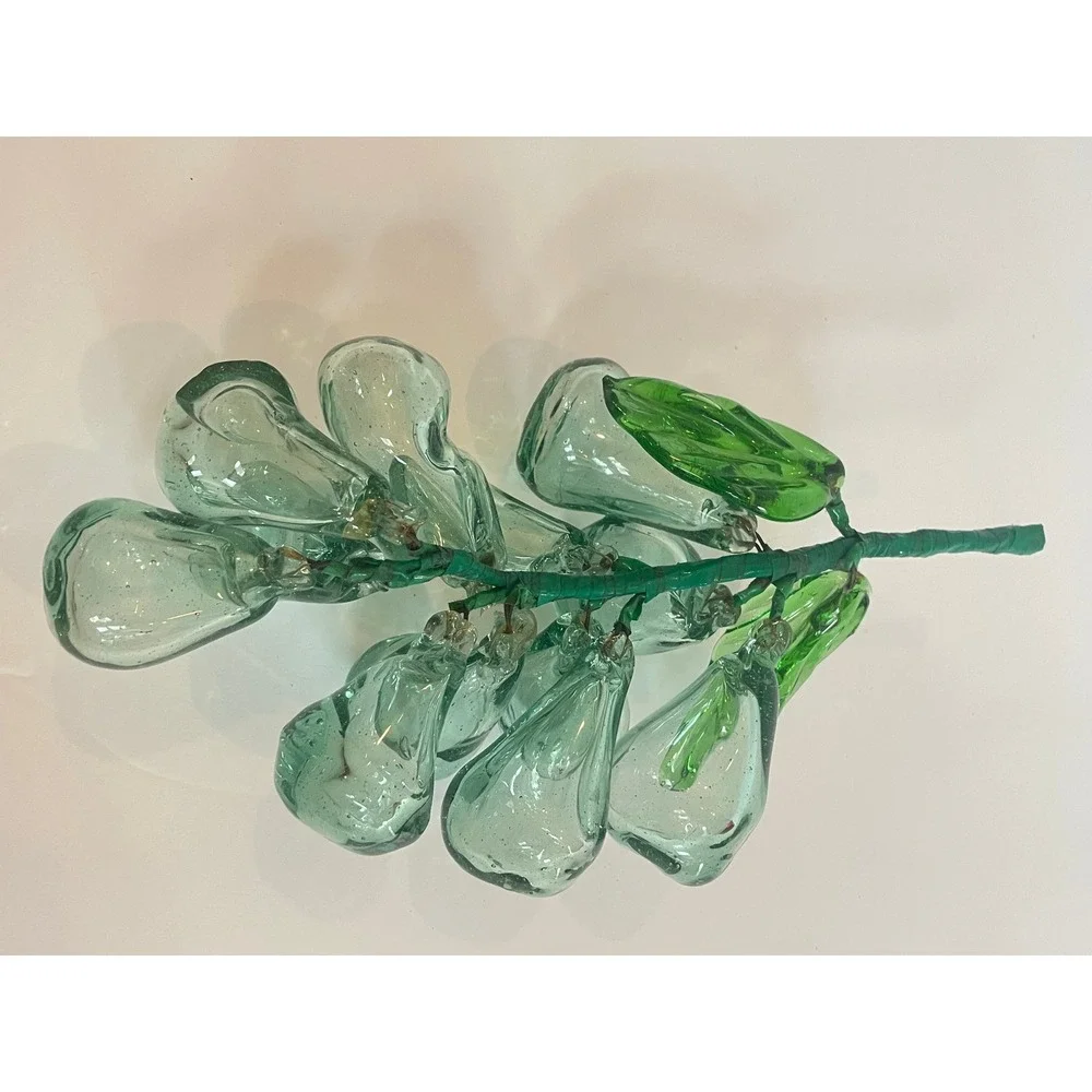 Vintage Hand Blown Glass Grape Cluster Seafoam Green MCM Decorative Fruit Leaf